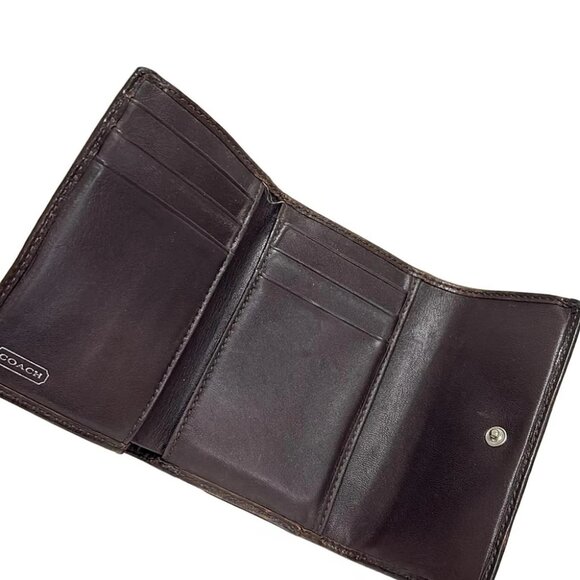 Auth COACH Signature - Khaki Dark Brown Jacquard Leather Trifold Wallet - Picture 2 of 6